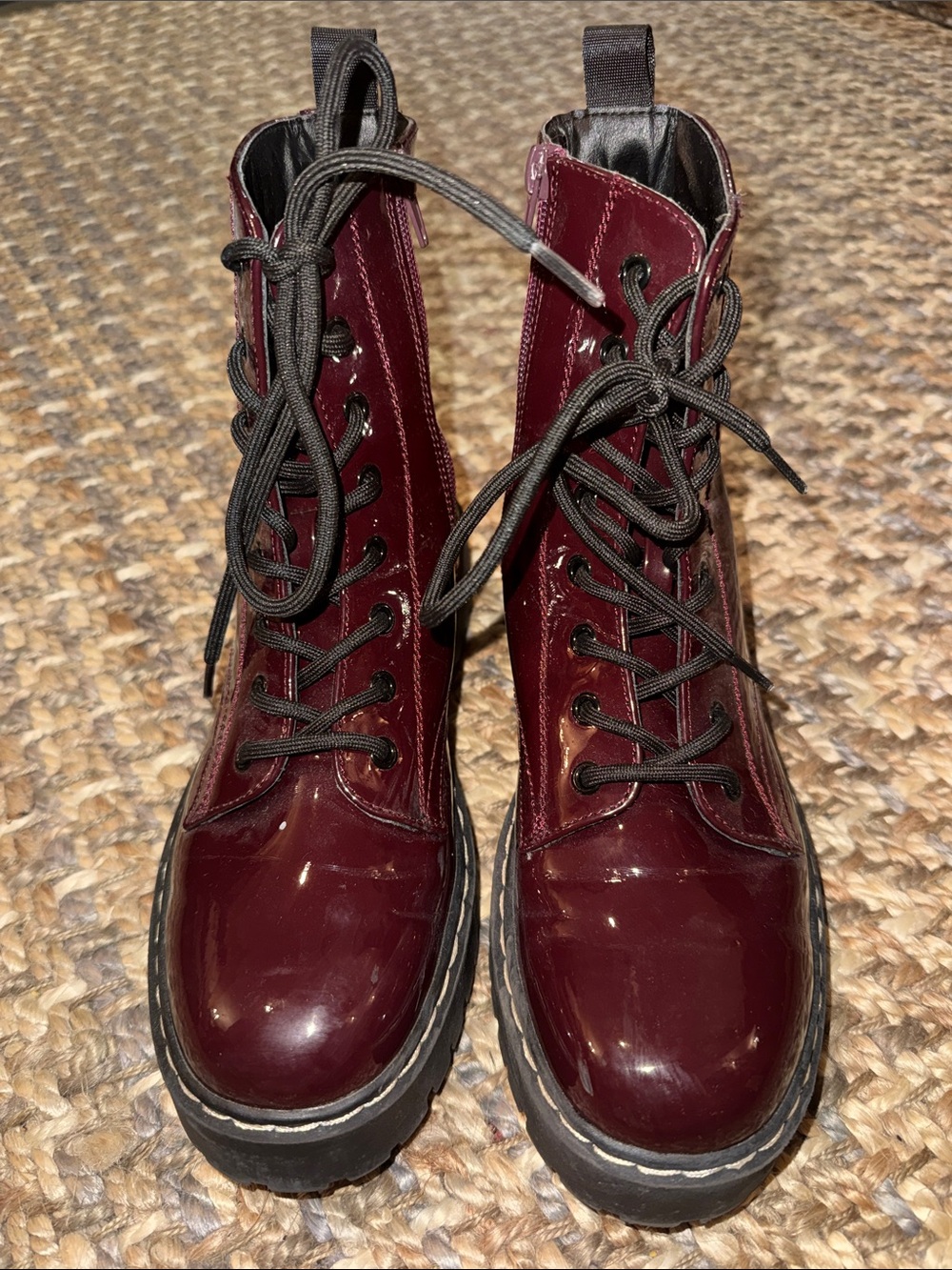Sincerly Jules Burgundy Patent Lace-Up Combat Boots